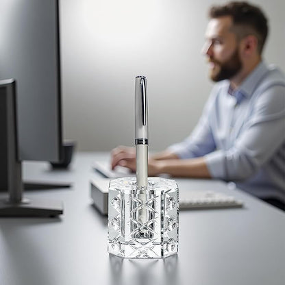 QFkris Fancy Crystal Single Pen Holder for Desk, Glass Fountain Pen Stand, 2.2" Feather Pencil Holder for Office Desktop Decoration, Gift for Man Woman Students Teachers Father Boyfriend
