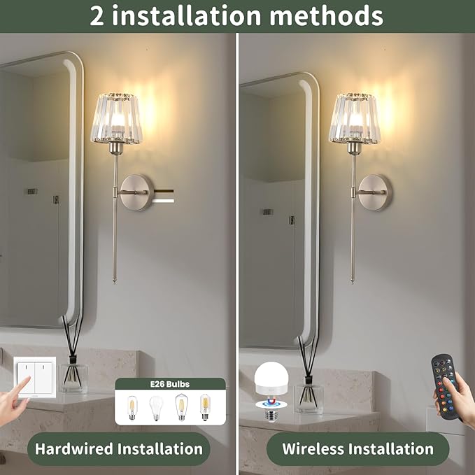 Battery Operated Crystal Wall Sconce Set of 2, Brushed Nickel Wireless Wall Light with Remote Control, LED Dimmable 15 Colors USB Rechargeable Light Bulbs Wall Lamp for Bedroom Living Room Hallway
