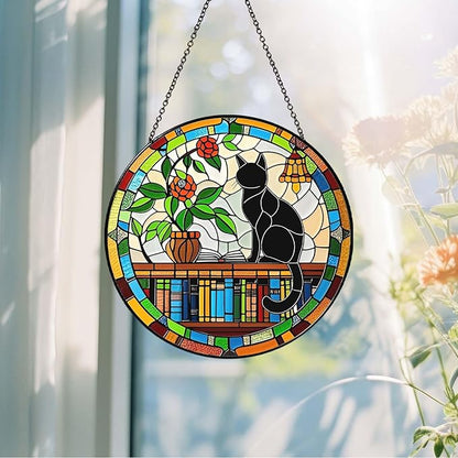 Cat Sun Catcher Stained Glass Window Hanging 9.8'', Book Lover Gifts for Women Book Wall Decor Handmade Sun Catcher Black Cat Sitting On Bookshelf Decoration for Home Room Housewarming Gifts