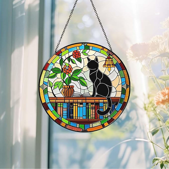 Cat Sun Catcher Stained Glass Window Hanging 6'', Book Lover Gifts for Women Book Wall Decor Handmade Sun Catcher Black Cat Sitting On Bookshelf Decoration for Home Room Housewarming Gifts