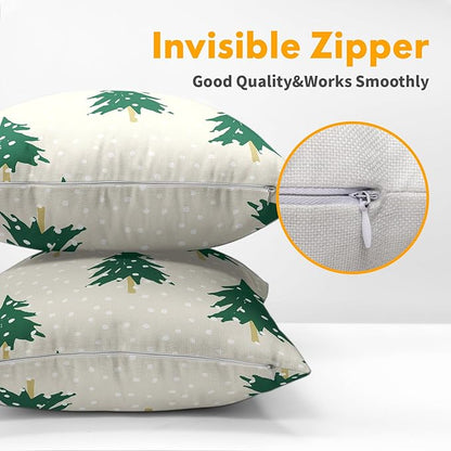 Christmas Tree Pillow Covers 20x20 Set of 2 Green Beige Xmas Snow Pattern Rustic Decorative Outdoor Farmhouse Zipper Pillowcases Decorations Winter Holiday Throw Cushion Cover Decor for Couch Sofa Bed