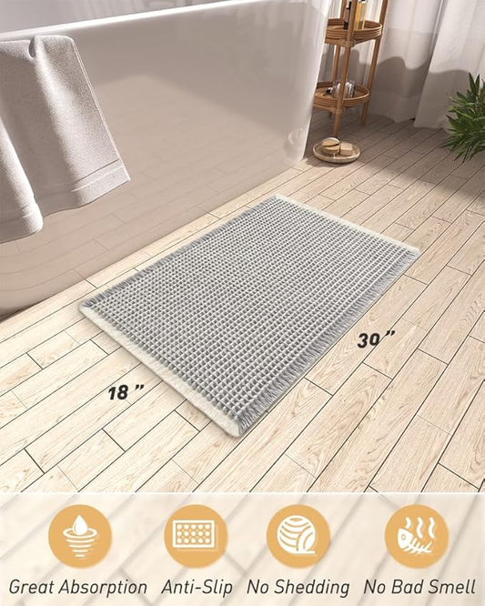 Upgraded Waffle Bath Mat, Super Absorbent Non Slip Bath Mats for Bathroom Floor, Machine Washable Bathroom Rugs with Tassels, Rubber Backed Bathroom Mats, Ultra Soft, 18" x 30",LightGrey & Cream