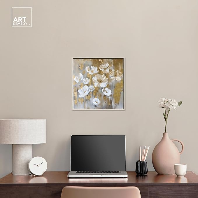 Art Remedy Golden Daisies Canvas Elegant White Gold Wall Art, Silver Frame, 16" x 16"