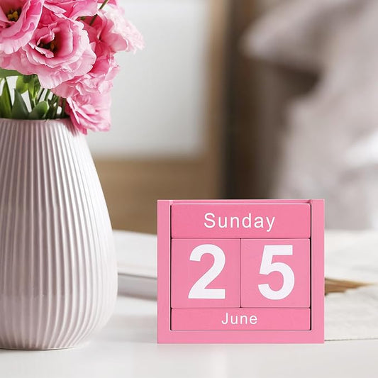 Wooden Block Calendar for Desk, Daily Desktop Perpetual Desk Calendar, Cute Date Display Blocks Desk Accessory for Home Office Decor, Teacher, Classroom, Reusable Yearly, Pink