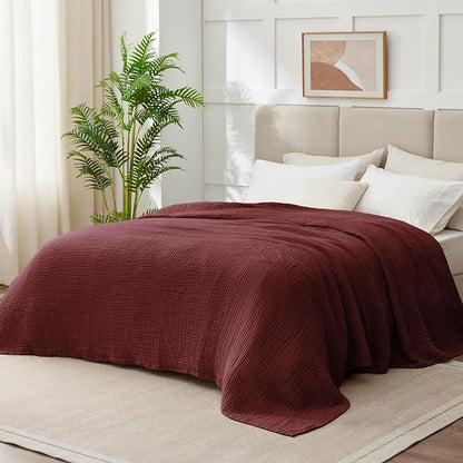 100% Cotton Muslin Blanket Twin 66" x 90", 6 Layers Breathable and Lightweight Cotton Blankets for Couch, Soft Cooling Summer Gauze Blanket for Adults All Season, Burgundy