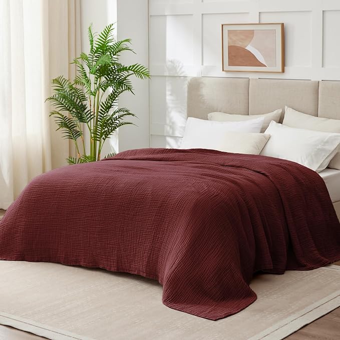 100% Cotton Muslin Blanket King 108" x 90", 6 Layers Breathable and Lightweight Cotton Throw Blankets for Bed, Soft Cooling Summer Gauze Blanket for Adults All Season, Burgundy