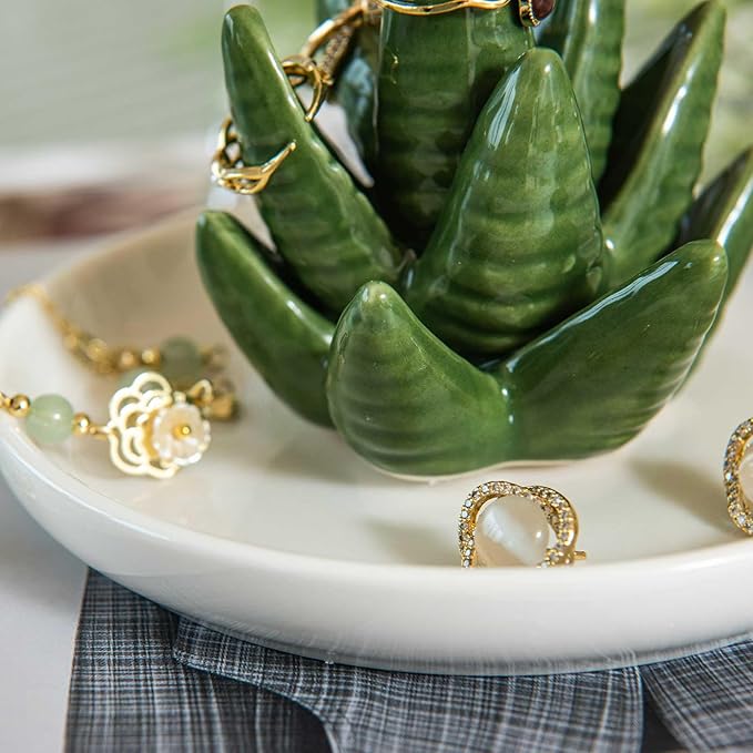 Aloe Ring Holder Dish, Ceramic Jewelry Tray Trinket Dish for Necklace Keychain Organizer, Cute Funny Birthday Wedding Mothers Day Gift for Women Friends Girls