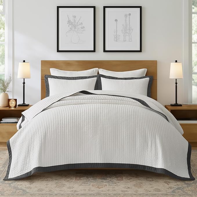 EVERGRACE Cotton Border Frame Tack-Stitch Quilt Bedding Set King Size, Coastal Oversized 3 Pieces Lightweight Bedspread Coverlet for All Season, with 2 Matching Shams, Washed Black