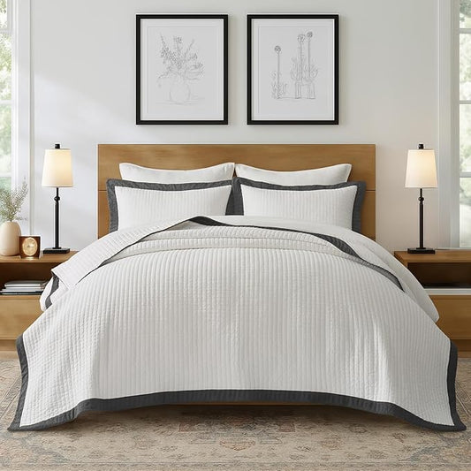 EVERGRACE Cotton Border Frame Tack-Stitch Quilt Bedding Set King Size, Coastal Oversized 3 Pieces Lightweight Bedspread Coverlet for All Season, with 2 Matching Shams, Washed Black
