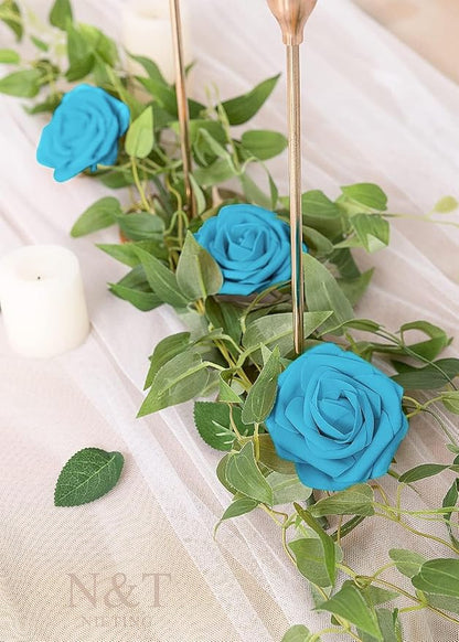 N&T NIETING Artificial Flowers 50pcs Real Looking Blue Foam Fake Roses with Stems for DIY Wedding Bouquets White Bridal Shower Centerpieces Arrangements Party Tables Decorations