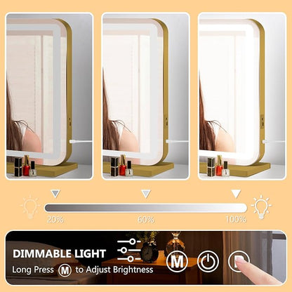 23"x18" Gold Vanity Mirror with Lights, Led Makeup Mirror, Lighted Makeup Mirror with 3 Color Dimmable Lights, Smart Touch Screen Control, Aluminum Metal Frame,USB Charging Port