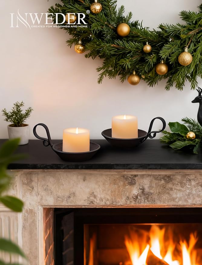 Iron Pillar Candle Holder: 4.6 in Gold Candle Plate Brass Pedestal Stand Vintage Decorative Tray for 3 Wick Jar Candles Tealight Votive Table Home Christmas Set of 2 (Black-with Spike, 2 Pcs)