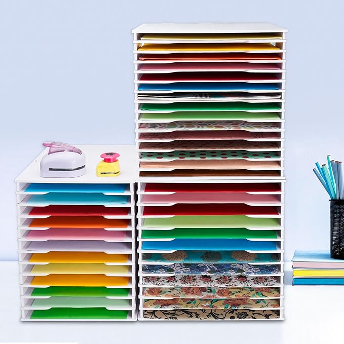 SANFURNEY Scrapbook Paper Organizer for Sizes 12" x 12", 15 Slots File Sorter Storage, Document Holder, Desktop Scrapbook Paper Organizer Rack for Home Office School (White, 15 Slots - Standard Size)