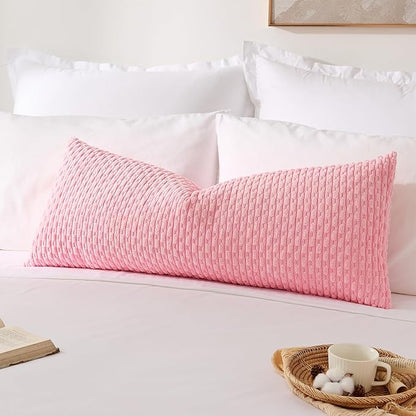 Kevin Textile 14x36 Inch Long Lumbar 1 Pack Boho Decorative Throw Pillow Cover Soft Striped Corduroy Rectangle Cushion Case Farmhouse Accent for Living Room Couch Sofa Bed, Pink