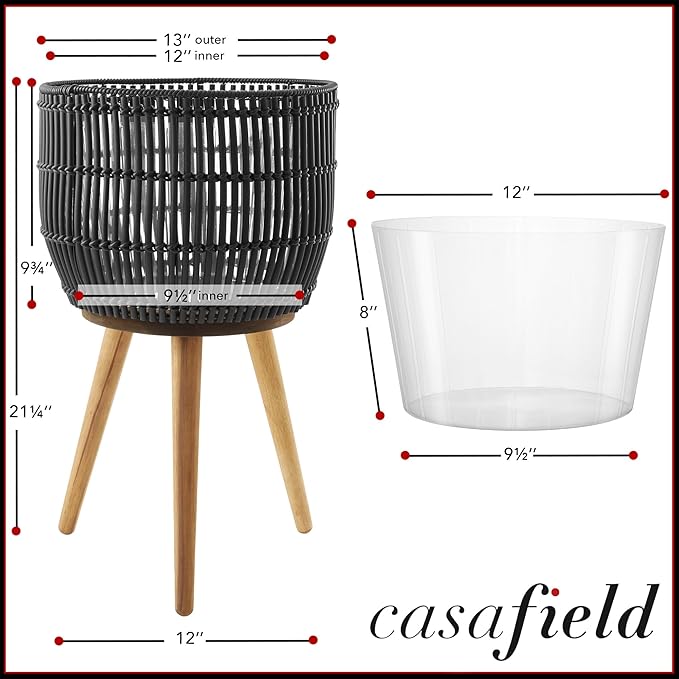 Casafield Indoor Planter with Stand, Black Floor Planter with Wood Legs, Large Plant Pot Cover with Liner for Houseplants, Flower Pots and Trees