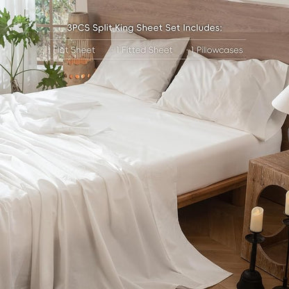 MooMee Bedding Sheet Set 100% Washed Cotton Linen Like Textured Breathable Durable Soft Comfy (Solid Off White, Twin XL)