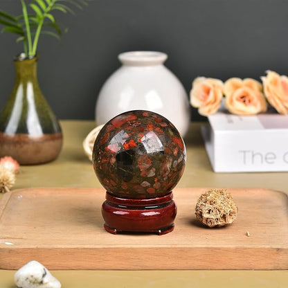 JIC Gem Natural Brazilian Red Agate Crystal Ball with Wood Stand Gemstone Sphere Healing Energy Mineral Gemstone Balls for Reiki Chakra Decoration Fengshui (60-70mm)