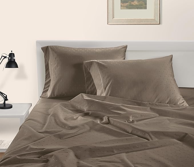 LANE LINEN 100% Egyptian Cotton Queen Sheet Set, Soft & Comfy Thick Fully Elasticized Mercerized Cotton Sheets Queen Size Set, No Pill Fade Resistant Elegant Jaquard Swiss Dot Queen Sheets- Taupe