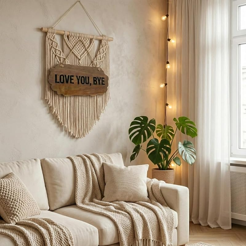 Love You Bye Sign Above Door - Rustic Wooden Wall Decor with Carved Letters & Hanging Rope - Boho Farmhouse Entryway & Living Room Art - Cute 10.6" Plaque for Home & Gift