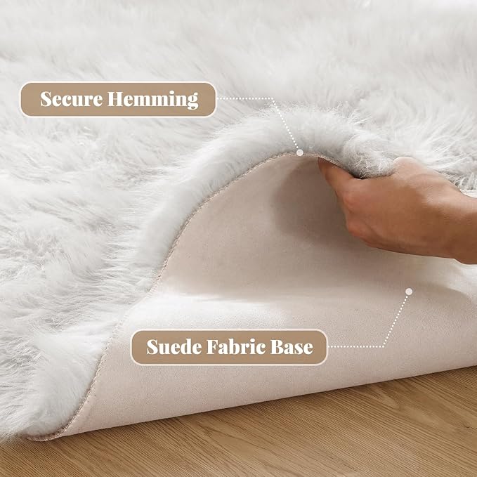 White Small Circle Fluffy Rugs for Bedroom Washable Faux Sheepskin Shaggy Fur Area Rugs for Living Room Round Rug 4ft Nursery Rug