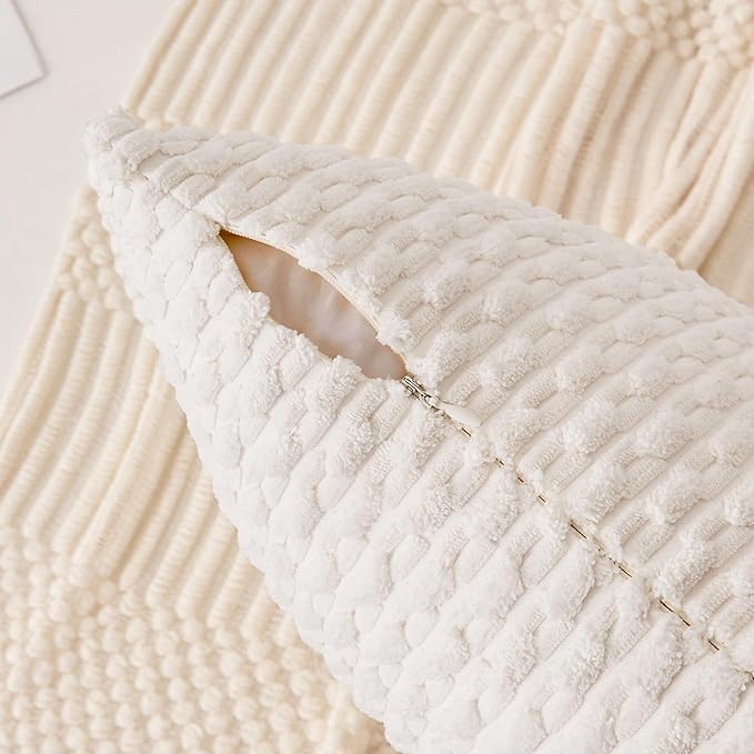 Kevin Textile 14x36 Inch Long Lumbar 1 Pack Boho Christmas Decorative Throw Pillow Cover Soft Striped Corduroy Rectangle Cushion Case Farmhouse Color Accent for Living Room Couch Sofa Bed, Pure White