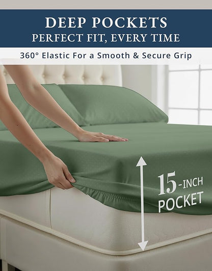 LANE LINEN Luxury Hotel Style 100% Egyptian Sheets Twin Size Bed Set, Mercerized Cotton, Sily Finish, No Pill Fade Resistant Twin Bedding Sheets & Pillowcases Jaquard Swiss Dot - Iceberg Green