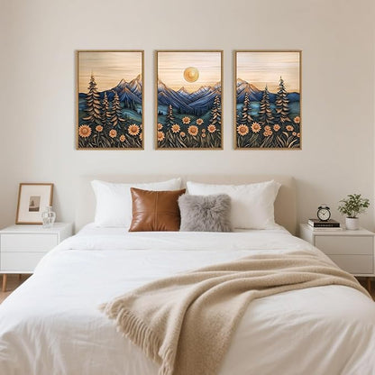 Aryroi Vintage Woodcut Style Mountain Framed Canvas Wall Art Set, Natural Forest Pine Tree Sunflower Wall Decor,Abstract Sunrise Botanical Landscape Artwork for Living Room,Bedroom,Office-24 x36 x3