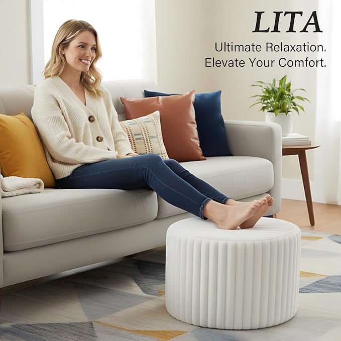 LITA Round Stuffed Pouf Ottoman, Corduroy Poufs with High-Density Foam Filling and Washable Cover, Furry and Fluffy Bean Bag Foot Stools Ottoman for Living Room, Bedroom, Office, Beige, Round