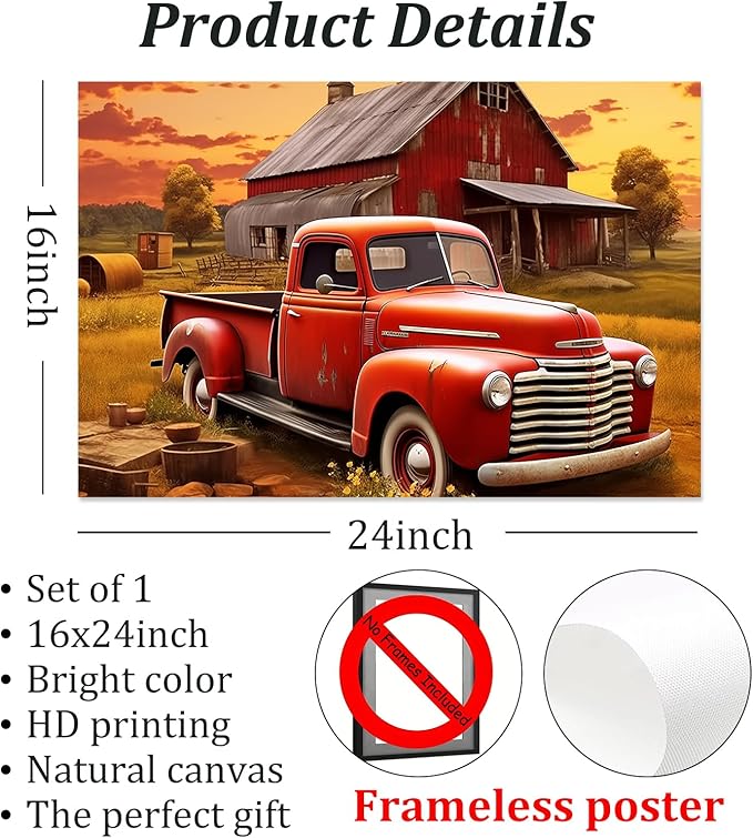 Red Truck Poster Rustic Landscape Pictures Farmhouses Tractor Wall Art Country House Painting Farmhouse Barn Prints Old Barn Posters Red Farmhouse Picture Sunset Farmhouses Wall Art 16x24in No Frame