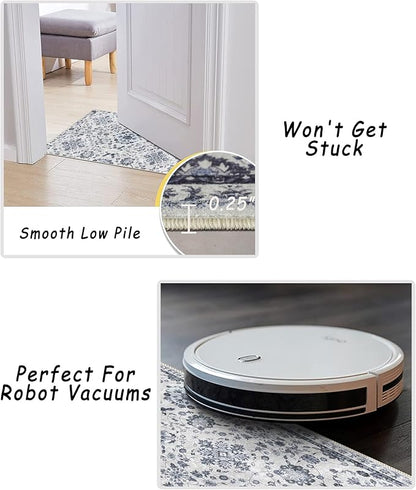 vivorug Runner Rug 2'x8' Vintage Washable Non-Slip Runners for Hallways Kitchen Entryway Laundry Room Carpet Hallway Runner Ivory/Blue