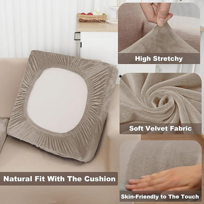NAISI Sectional Couch Cover 4 Pieces Velvet Separate Couch Cushion Covers L Shape Soft Stretch Sofa Slipcovers with 2pcs Pillowcases for Left/Right Chaise Sectional Couch(3 Seater+1 Chaise,Taupe)