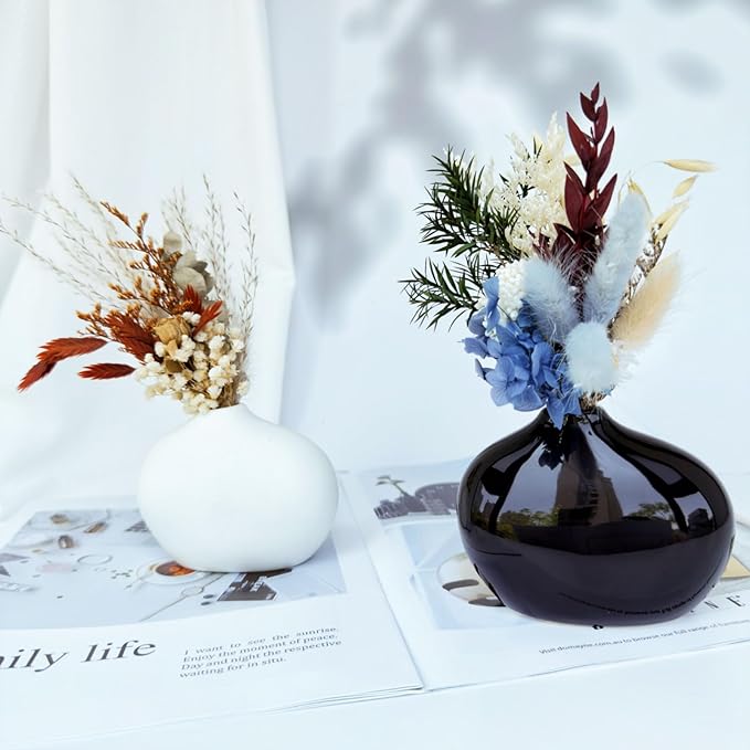 Black and White Ceramic Vase Set of 2, Cute Oval Ceramic vases, Small Modern Home Decor Flower Vase, vases for centerpieces, Bud vases for Decor, Farmhouse Small Ceramic vases Set