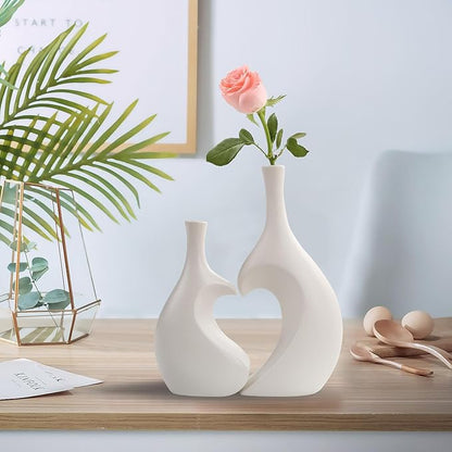 White Ceramic Vase Set of 2,Heart Shaped vase, Matte Frosted Texture Finish,Farmhouse Decor, Home Decor, Vases for Your Bedroom, Office, Living Room, Bathroom (White)