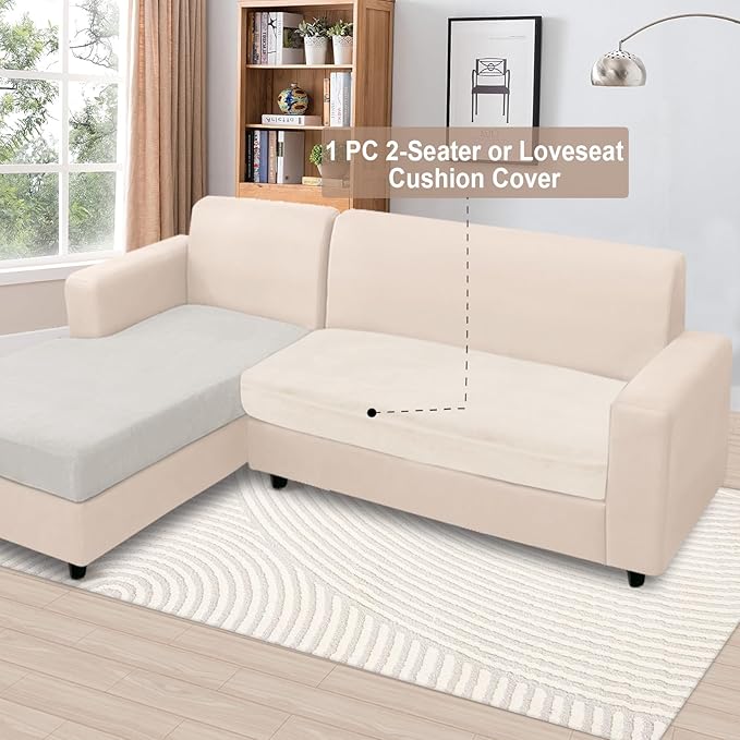 NAISI Couch Cushion Covers 1 Piece Velvet Stretch Loveseat Cover or 2 Seat Sofa Cover Soft Individual Couch Covers for Sectional Sofa(1 PC for 2-Seat Cushion or Loveseat,Beige)