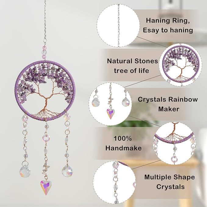 Tree of Life Crystal Suncatchers for Window Hanging Wind Chime Style Garden Sun Catchers with Natural Purple Stone Crystals Rainbow Maker Indoor Outdoor Decor Handmade Gold Plated Suncatcher