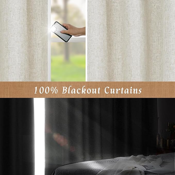 LAMIT 100% Blackout Linen Curtains 45 Inch Length for Bedroom, Linen Textured Thermal Kitchen Curtains Back Tab and Rod Pocket Window Panels with White Liner, 2 Panels, 52 x 45 Inch, Stone