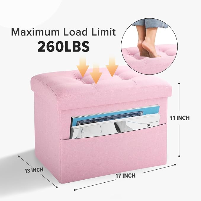 LINMAGCO Storage Ottoman Folding Foot Stool Foot Rest with Side Pocket Modern Ottoman with Storage Short Sofa Stool Linen Cloth 17x13x13(Pink)