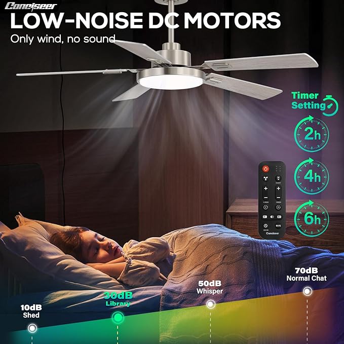 52 Inch Ceiling Fans with Lights and Remote for Bedroom Living Room Kitchen Office, Indoor/Outdoor Use, 5CCT Dimmable, 5 Blades, 6 Speed Reversible Quiet DC Motor, Sand-nickel/Wood Grain