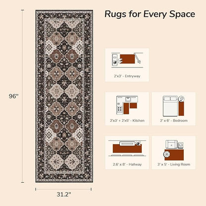 Lessymo Washable Hallway Rugs, 2.6x8 Moroccan Runner Rug with Rubber Backing Non Slip, Vintage Long Rug Carpet for Bedroom Laundry Room Entryway, Taupe and Beige