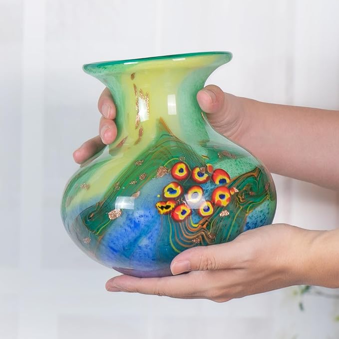Glass Vases for Flower, Unique Hand Blown Green Glass Vase, Modern Art Decorative for Home Living Room, Office, Table centerpieces, Bookshelves and Wedding Decorations (JG67)