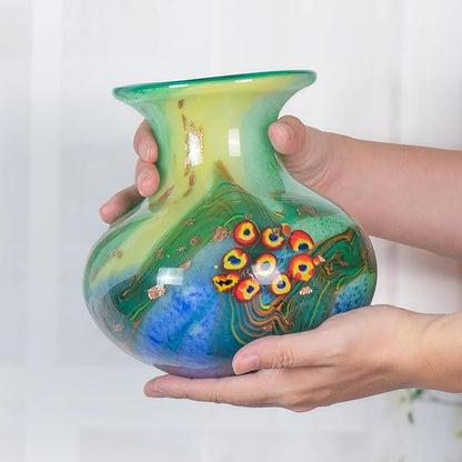 Glass Vases for Flower, Unique Hand Blown Green Glass Vase, Modern Art Decorative for Home Living Room, Office, Table centerpieces, Bookshelves and Wedding Decorations (JG67)