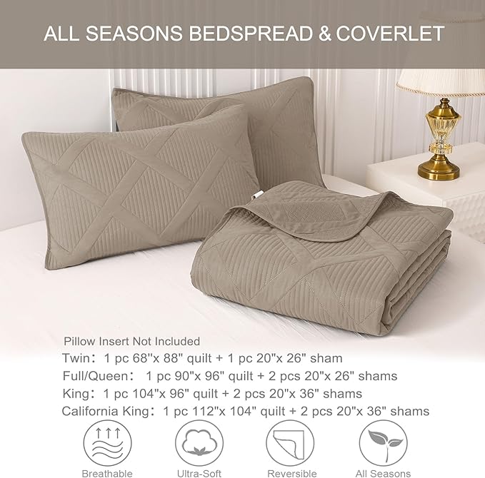 Exclusivo Mezcla Twin Size Quilt Set with Modern Striped Pattern, 2 Pieces Summer Lightweight Taupe Quilts Bedding Set, Soft Bedspreads Coverlets for All Seasons