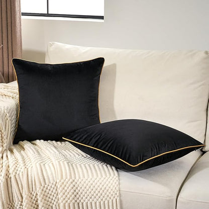 Aeckself Pack of 2 Pure Black Velvet Pillow Covers 18 x 18 Inch, Modern Luxury Decorative Pillowcase with Gold Trim Edge, Comfortable Soft Solid Cushion Case for Couch Bedroom Living Room