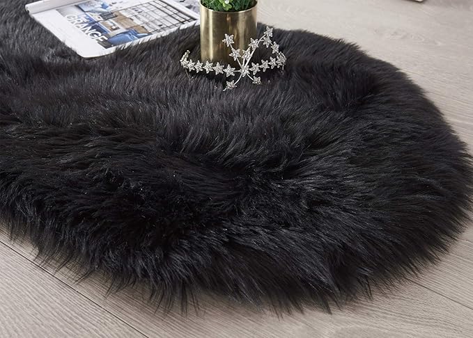 SERISSA Ultra Soft Fluffy Rug Black Faux Sheepskin Fur Area Rug Shaggy Couch Cover Seat Cushion Furry Carpet Beside Rugs for Bedroom Floor Sofa Living Room Runner 2x6 Feet Black