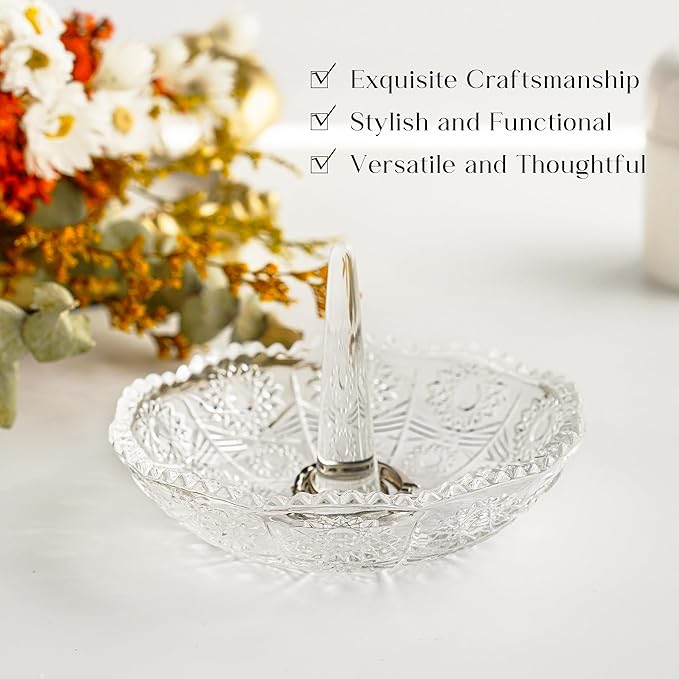 H&D HYALINE & DORA Crystal Ring Holder Dish, Clear Glass Ring Holder for Jewelry,Round Jewelry Holder Tray for Rings Earrings Necklace Organizer