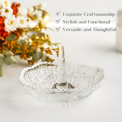 H&D HYALINE & DORA Crystal Ring Holder Dish, Clear Glass Ring Holder for Jewelry,Round Jewelry Holder Tray for Rings Earrings Necklace Organizer