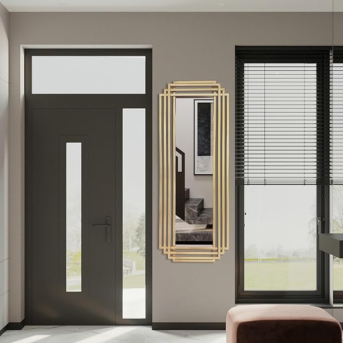 Modern Rectangle Mirror, 42"x16" Geometric Art Deco Mirror with Metal Frame, Gold Elegant Mirrors for Living Room Bedroom Bathroom Entryway Hallway, Hangs Vertically or Horizontally