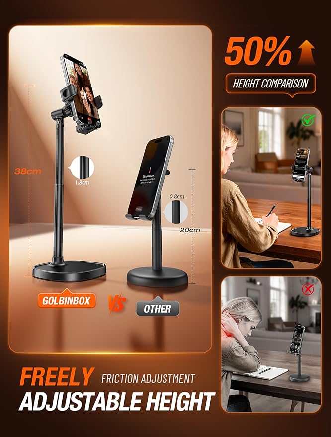 Golbinbox Phone Stand for Desk, [One-Click Release] Adjustable Height & Angle, 180° Flip & 360° Rotation Retractable Cell Phone Stand for Recording, Universal Desktop Holder for iPhone Samsung Android