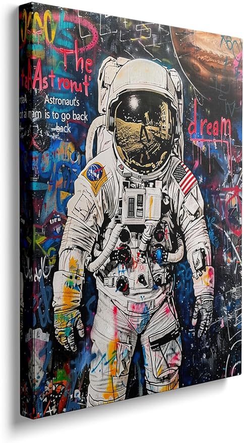 Ypxzzj Banksy Framed Graffiti Astronaut Canvas Wall Art Spaceman Posters Prints Pictures Wall Decor Modern Abstract Street Graffiti Painting Artwork for Living Room Home Decor Ready to Hang(36L" x 24W")