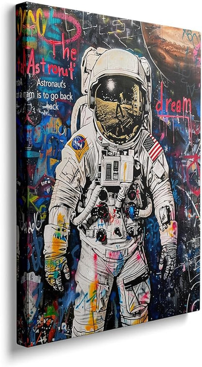 Ypxzzj Banksy Framed Graffiti Astronaut Canvas Wall Art Spaceman Posters Prints Pictures Wall Decor Modern Abstract Street Graffiti Painting Artwork for Living Room Home Decor Ready to Hang(36L" x 24W")